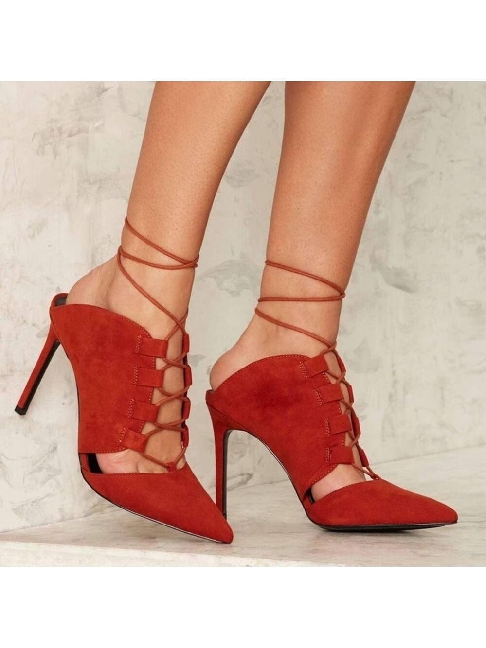 Nasty Gal burnt orange red lace-up faux leather mules high heels Sz 8.5